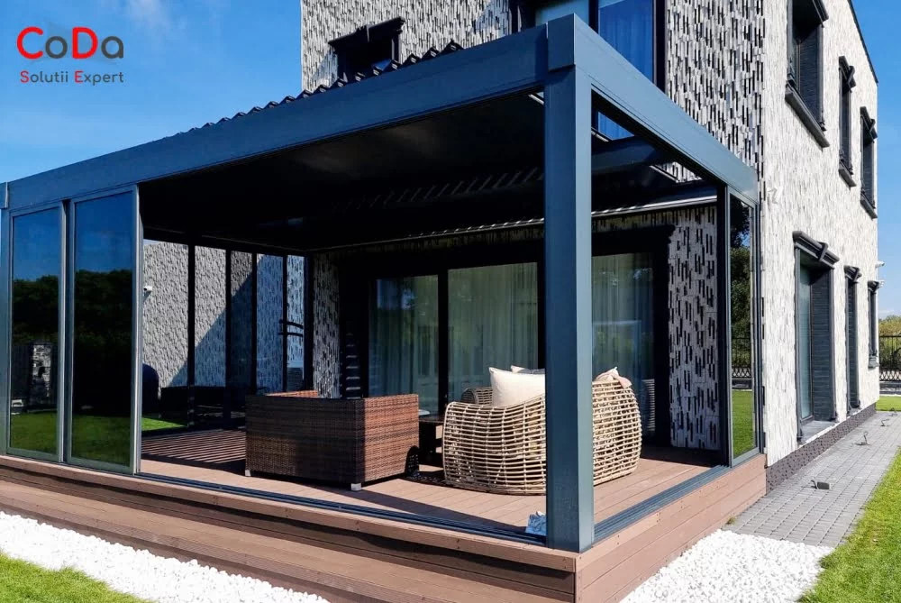 Pergola bioclimatica retractabila iluminare led coda